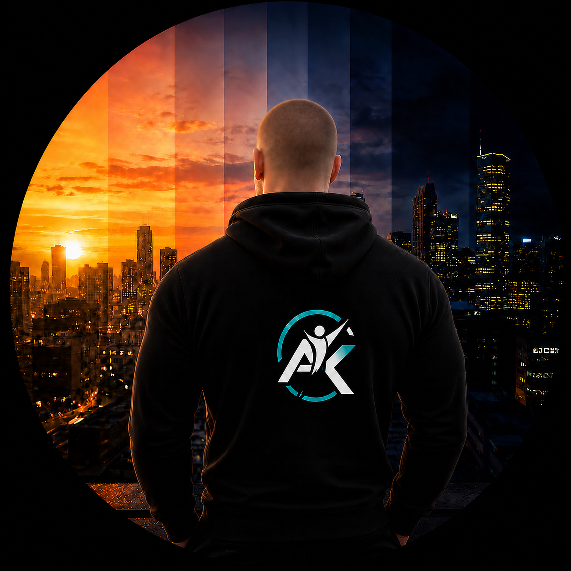 Mann im ALLTAGSKRAFT-Hoodie blickt auf eine Skyline im Übergang von Sonnenuntergang zu Nacht